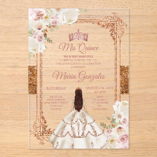 White Mis Quince Crown Rose Gold Quinceañera アクリル招待状 (正面)