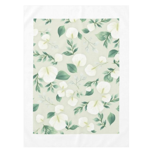 White Modern Eucalyptus Leaf Spring Tablecloth テーブルクロス (正面)