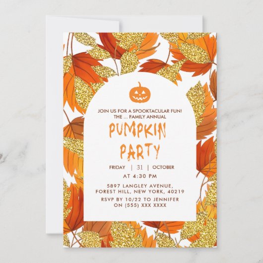  White | Modern Faux Glitter Leaves Halloween 招待状 (正面)