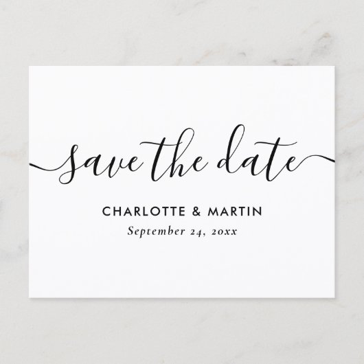 White Modern Script Wedding Save The Date Postcard 案内ポストカード (正面)