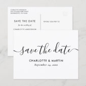 White Modern Script Wedding Save The Date Postcard 案内ポストカード (正面/裏面)