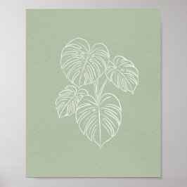 White Monstera Leaf Line Art on Sage Green  ポスター