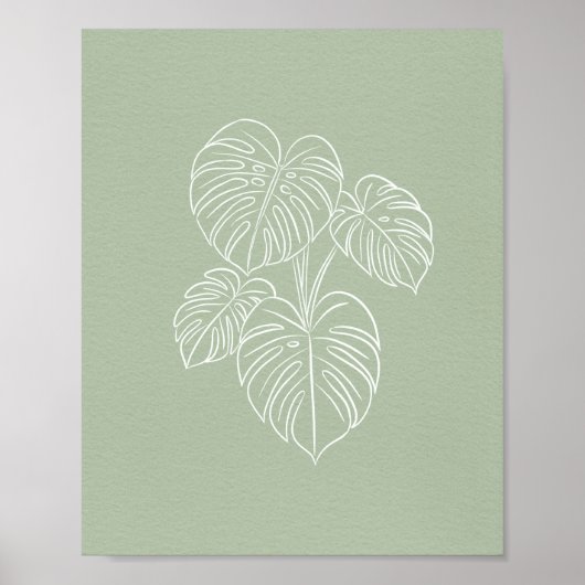 White Monstera Leaf Line Art on Sage Green ポスター (正面)