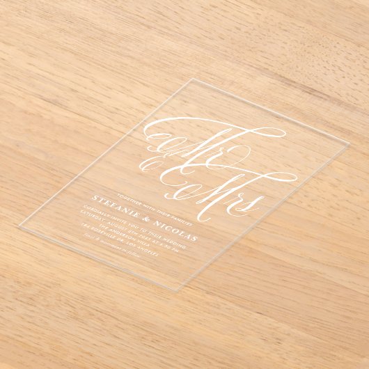 White Mr. and Mrs. Rustic Calligraphy Wedding  アクリル招待状 (レイダウン)
