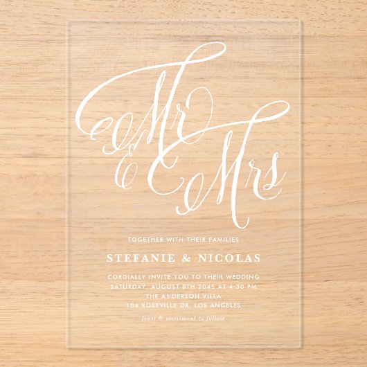 White Mr. and Mrs. Rustic Calligraphy Wedding アクリル招待状 (正面)