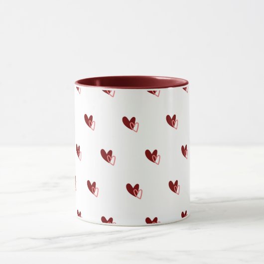 White Mug – Dark Red Hearts Pattern マグカップ (中央)