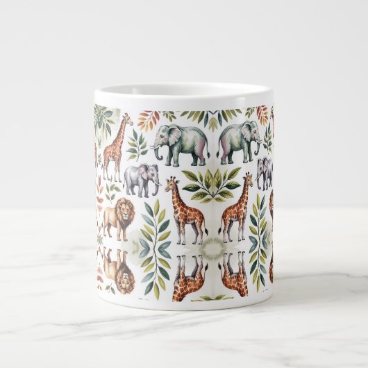 White mug featuring a vibrant jungle animal  ジャンボコーヒーマグカップ (正面)