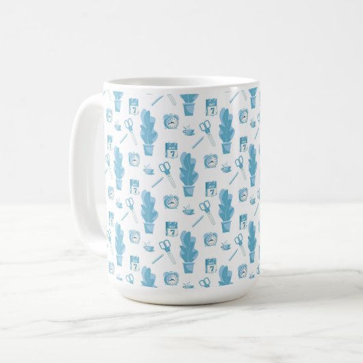White mug with a blue cactus pattern コーヒーマグカップ (正面左)