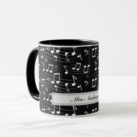 White music notes on black background  マグカップ (正面左)