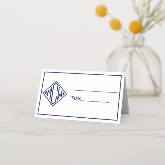 White Navy Blue Diamond Monogram Font DIY BG #2 プレイスカード (正面)