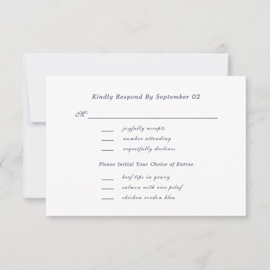 White Navy Script Menu Selection Wedding RSVP  (正面)