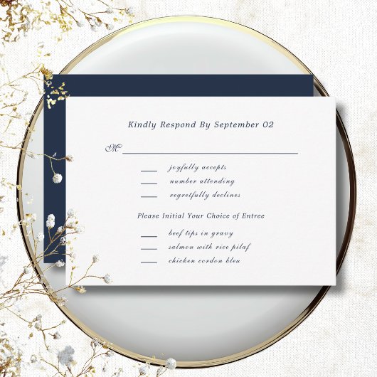 White Navy Script Menu Selection Wedding RSVP 