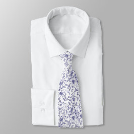 White neck tie with elegant blue floral pattern  ネクタイ