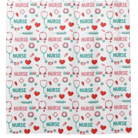 White Nurse Life Seamless Pattern (1) シャワーカーテン (正面)