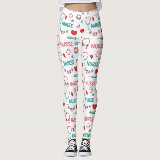 White Nurse Life Seamless Pattern (1) レギンス (正面)