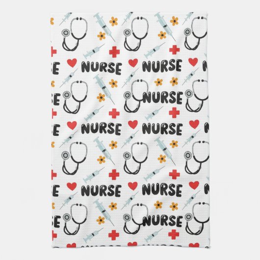 White Nurse Life Seamless Pattern (2) キッチンタオル (縦)