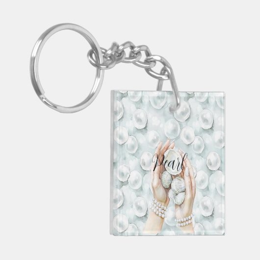 White Ocean Seafoam Blue Shells Pearls キーホルダー (正面左)