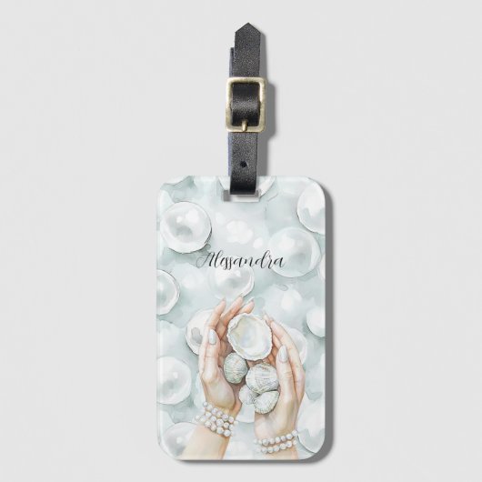 White Ocean Seafoam Blue Shells Pearls ラゲッジタグ (正面縦)