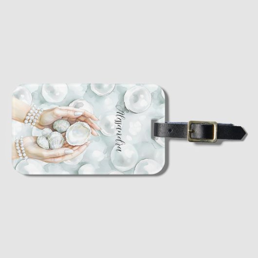 White Ocean Seafoam Blue Shells Pearls ラゲッジタグ (正面横)