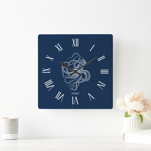 White octopus Roman Numerals On Dark Blue スクエア壁時計 (ホーム)