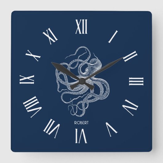 White octopus Roman Numerals On Dark Blue スクエア壁時計 (正面)