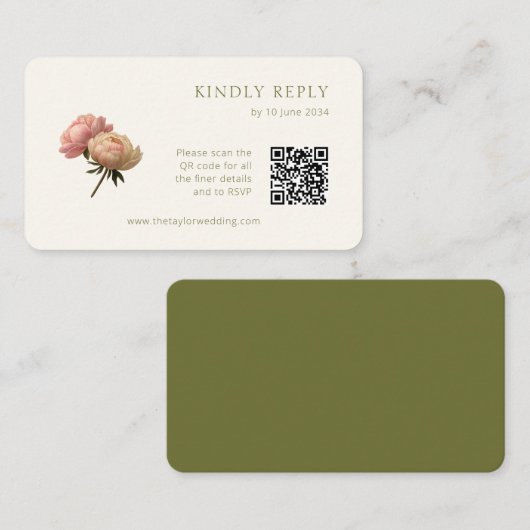 White & Olive | Chic Rose Wedding RSVP QR Code エンクロージャーカード (正面/裏面)