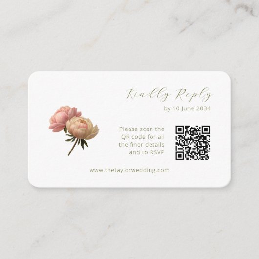 White & Olive | Chic Rose Wedding RSVP QR Code エンクロージャーカード (正面)