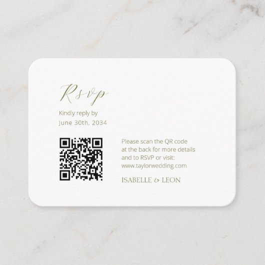 White & Olive | Chic Simple Scrpt QR Code Wedding エンクロージャーカード (正面)