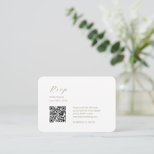 White & Olive | Chic Simple Scrpt QR Code Wedding エンクロージャーカード (スタンド正面)