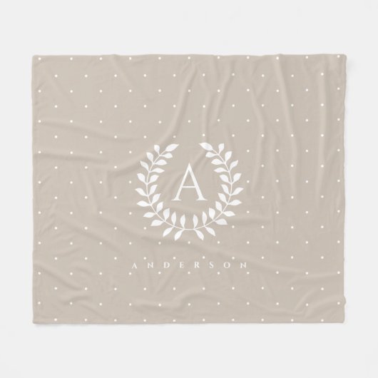 White On Beige Laurel Monogram Polka Dot Pattern フリースブランケット (正面(横))