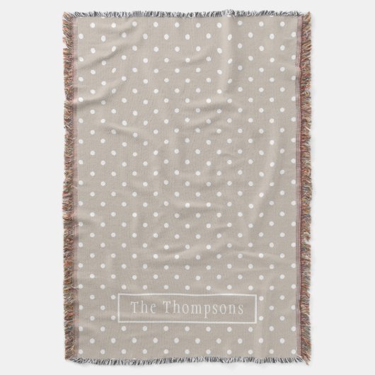 White On Beige Polka Dots Pattern With Custom Name スローブランケット (正面縦)
