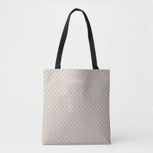 White On Beige Polka Dots Pattern With Custom Name トートバッグ (正面)