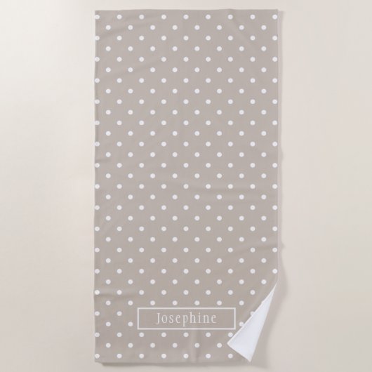 White On Beige Polka Dots Pattern With Custom Name ビーチタオル (正面)