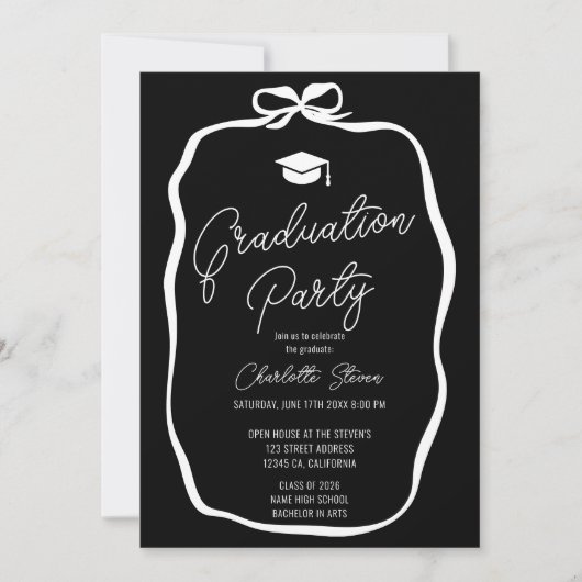 White on Black Coquette Bow photo graduation 招待状 (正面)