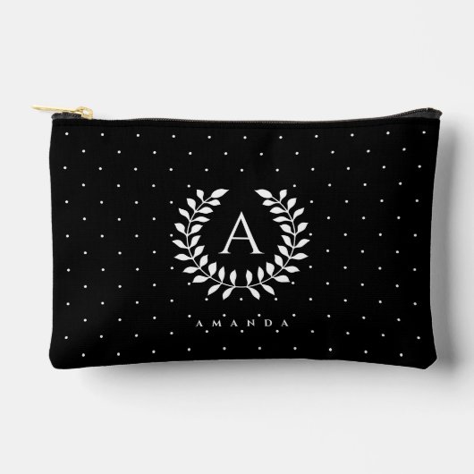 White On Black Laurel Monogram Polka Dot Pattern アクセサリーポーチ (正面)