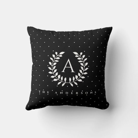 White On Black Laurel Monogram Polka Dot Pattern クッション (裏面)