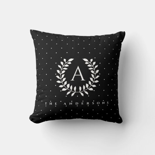 White On Black Laurel Monogram Polka Dot Pattern クッション (正面)