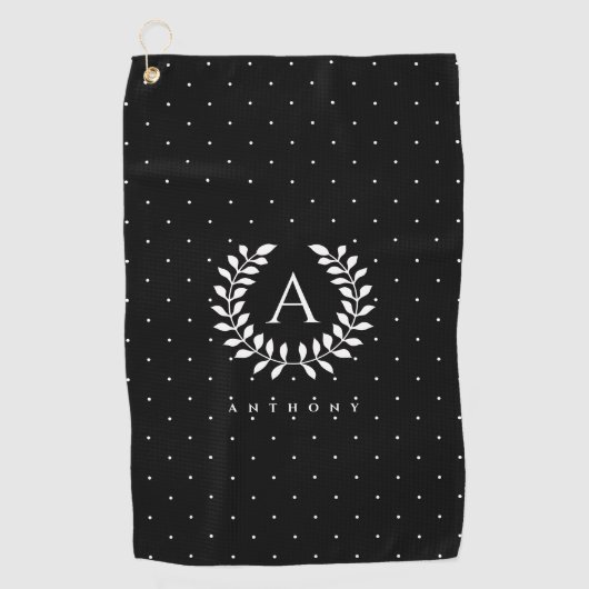 White On Black Laurel Monogram Polka Dot Pattern ゴルフタオル (正面)