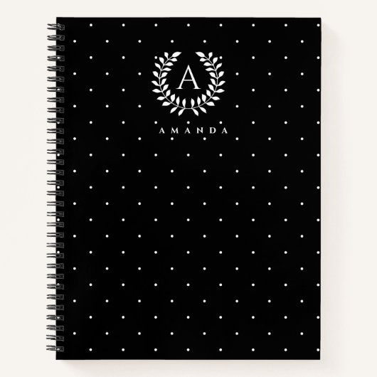 White On Black Laurel Monogram Polka Dot Pattern ノートブック (正面)