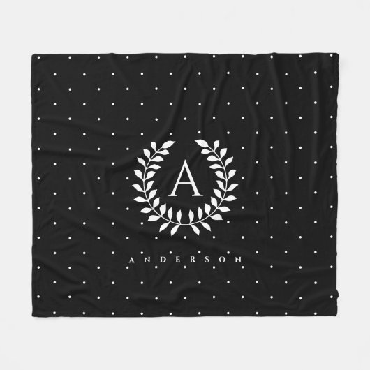White On Black Laurel Monogram Polka Dot Pattern フリースブランケット (正面(横))