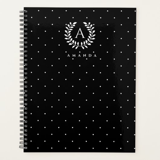 White On Black Laurel Monogram Polka Dot Pattern プランナー手帳 (正面)