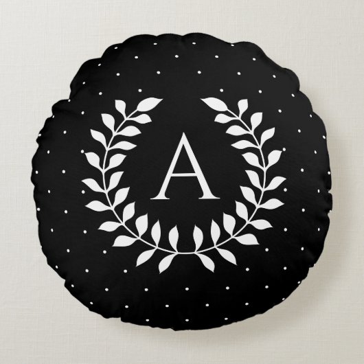White On Black Laurel Monogram Polka Dot Pattern ラウンドクッション (正面)