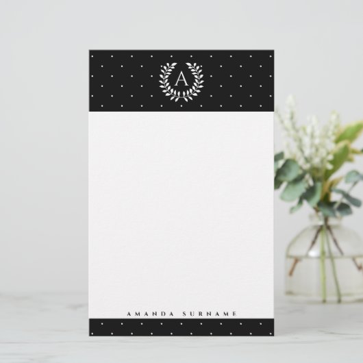 White On Black Laurel Monogram Polka Dot Pattern 便箋 (スタンド正面)