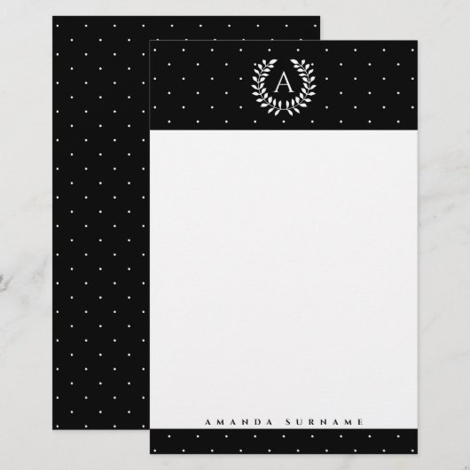 White On Black Laurel Monogram Polka Dot Pattern 便箋 (正面/裏面)