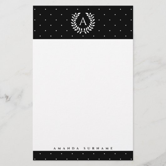 White On Black Laurel Monogram Polka Dot Pattern 便箋 (正面)