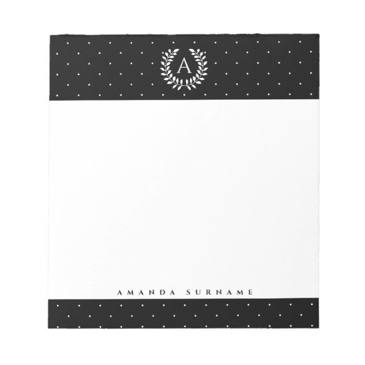 White On Black Laurel Monogram Tiny Polka Dots ノートパッド (正面)