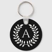 White On Black Laurel Wreath With Custom Monogram キーホルダー (正面)