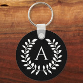 White On Black Laurel Wreath With Custom Monogram キーホルダー (正面)