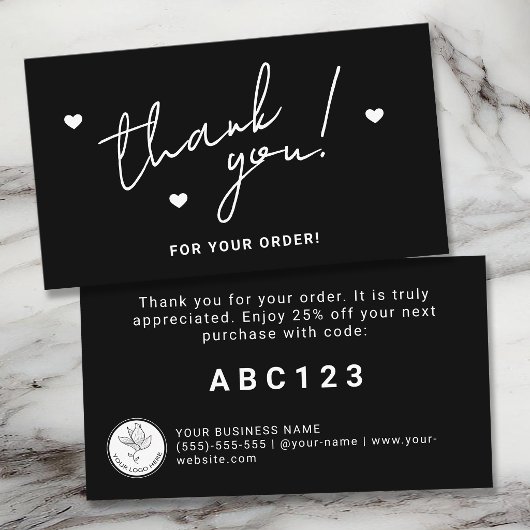 White On Black Minimalist Small Business Thank You 名刺