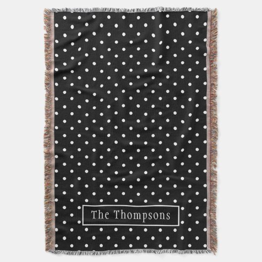 White On Black Polka Dots Pattern With Custom Name スローブランケット (正面縦)